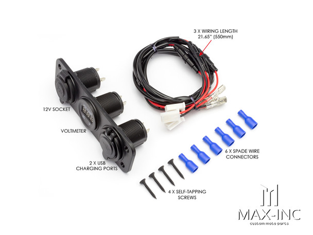Universal Panel Mount 12v Socket + Twin USB + Voltmeter Power Supply