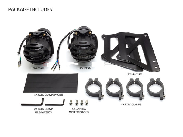 Motorcycle Black Dual Stacked Slicer Grill Streetfighter Projector Headlight Set - Fits Fork Sizes 32 - 59mm