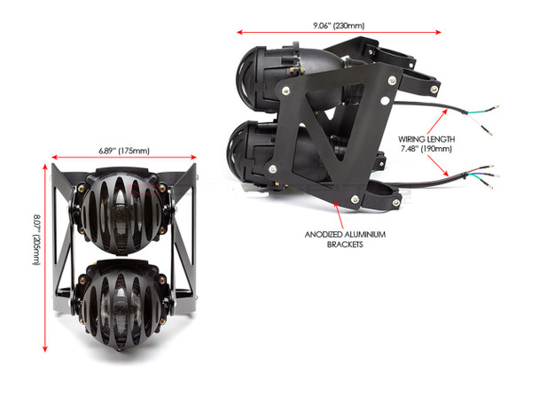Motorcycle Black Dual Stacked Slicer Grill Streetfighter Projector Headlight Set - Fits Fork Sizes 32 - 59mm
