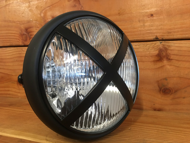 7 Inch Motorcycle Headlight | Billet X Guard | H4 Halogen | Metal Bucket