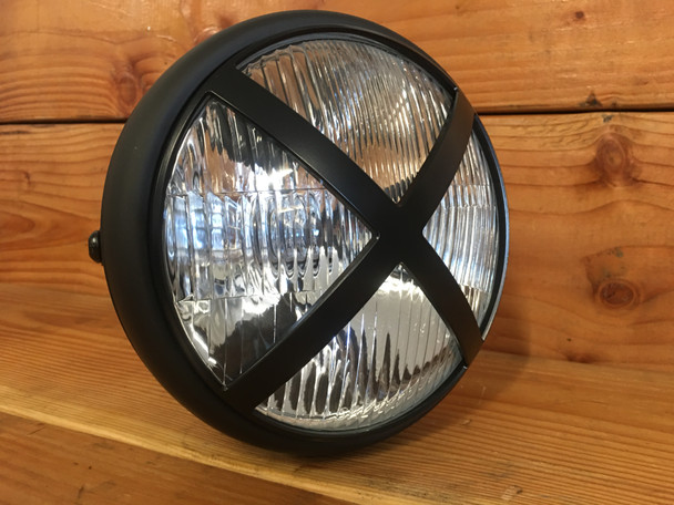 7 Inch Motorcycle Headlight | Billet X Guard | H4 Halogen | Metal Bucket