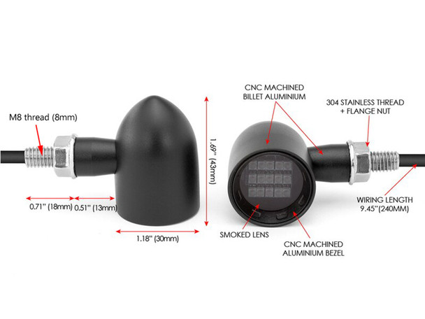 Motorcycle  Indicators |  Turn Signals | AMBER Matte Black | LED Light / Quarter Size