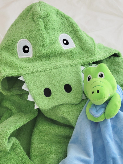 Alligator hooded towel and matching lovey blanket for baby