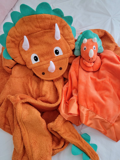 Dinosaur hooded towel and matching lovey blanket for baby