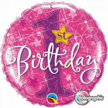 Balloon Foil 18" Pink Holographic 1st Birthday (Uninflated)