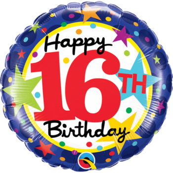 Balloon Foil 18" Happy 16th Birthday with Stars (Uninflated)