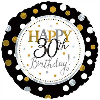 Balloon Foil 18" Happy 30th Birthday Gold, Black and Silver Polka Dot (Uninflated) 