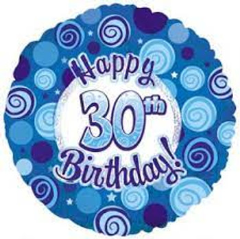 Balloon Foil 18" Happy 30th Birthday Blue w/ Spirals (Uninflated)