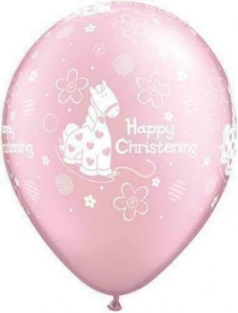 Balloon Happy Christening w/ Pony and Flowers Pearl Pink 11" Pack of 25