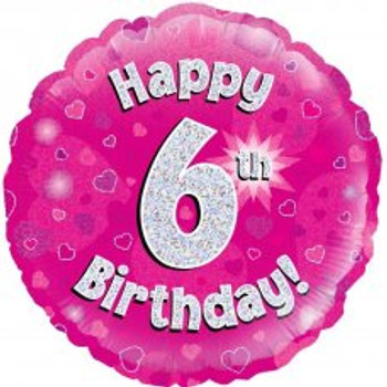 Balloon Foil 18" Happy 6th Birthday Pink Holographic (Uninflated)