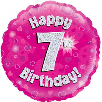 Balloon Foil 18" Happy 7th Birthday Pink Holographic (Uninflated)