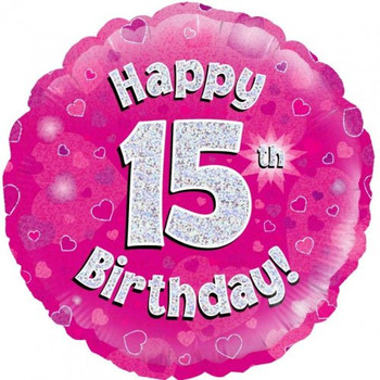 Balloon Foil 18" Happy 15th Birthday Pink Holographic (Uninflated)