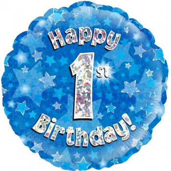 Balloon Foil 18" Happy 1st Birthday Blue Holographic (Uninflated)