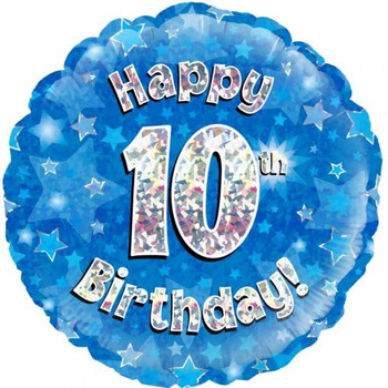 Balloon Foil 18" Happy 10th Birthday Blue Holographic (Uninflated)