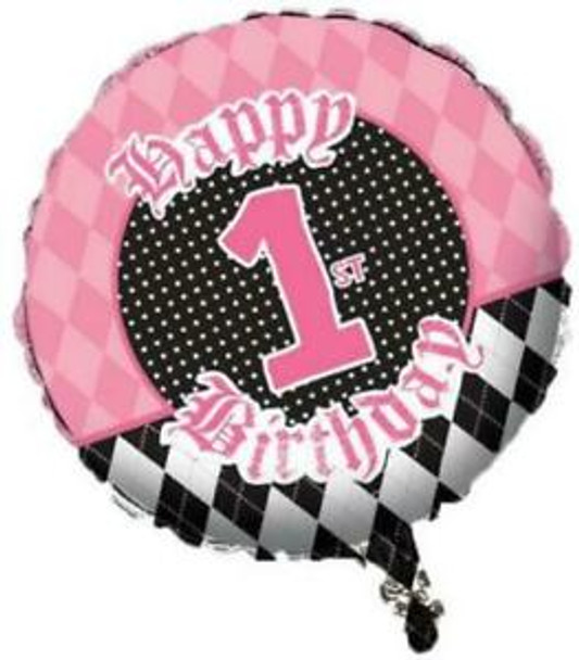 Balloon Foil 18" Punk Happy 1st Birthday Pink and Black Check (Uninflated)