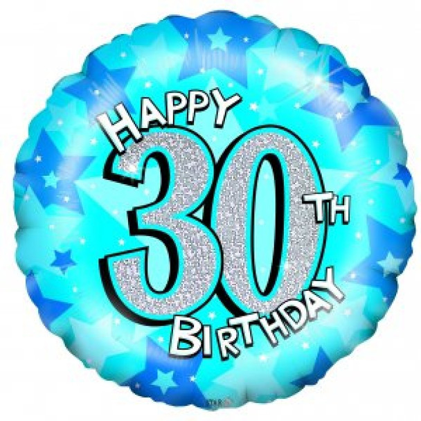 Balloon Foil 18" Happy 30th Birthday Holographic w/ Blue Stars (Uninflated)