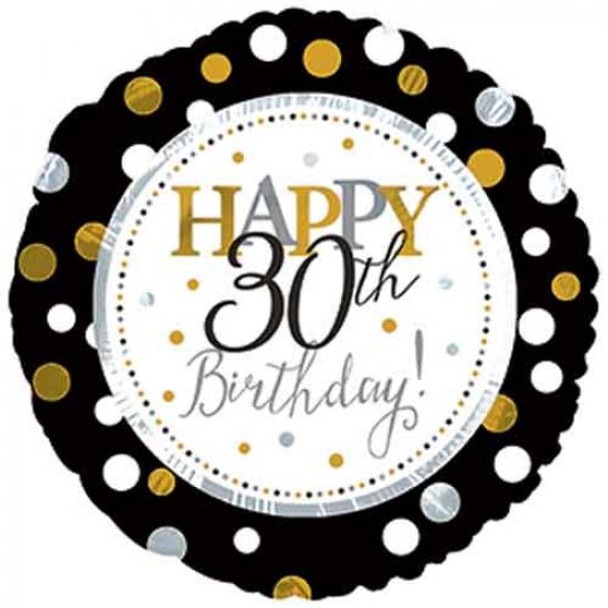 Balloon Foil 18" Happy 30th Birthday Gold, Black and Silver Polka Dot (Uninflated) 