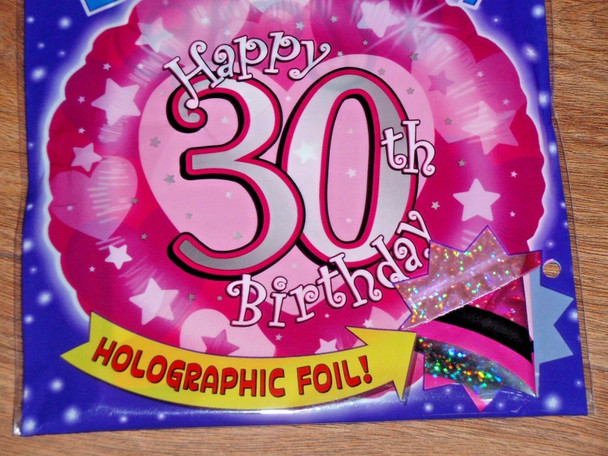 Balloon Foil 18" Happy 30th Birthday Pink Holographic w/ Hearts and Stars (Uninflated)