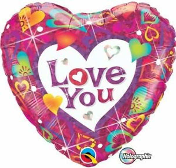 Balloon Foil 18" Love You Multicoloured Heart Holographic (Uninflated)