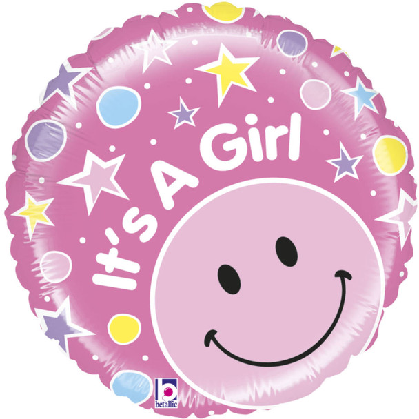 Balloon Foil 18" It's a Girl Pink Smiley w/ Stars (Uninflated)