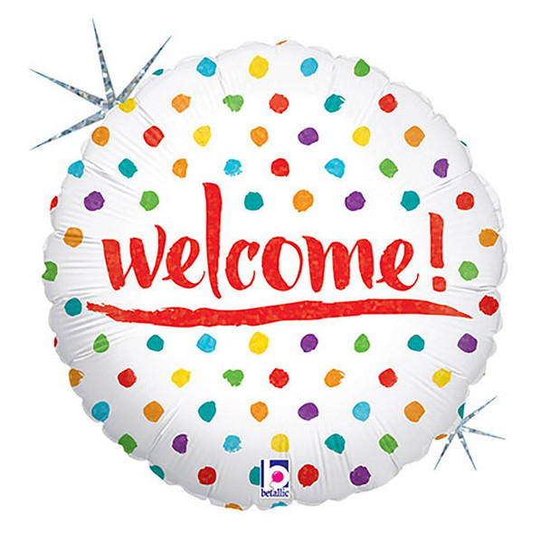 Balloon Foil 18" Welcome! Colourful Little Polka Dots Holographic (Uninflated)