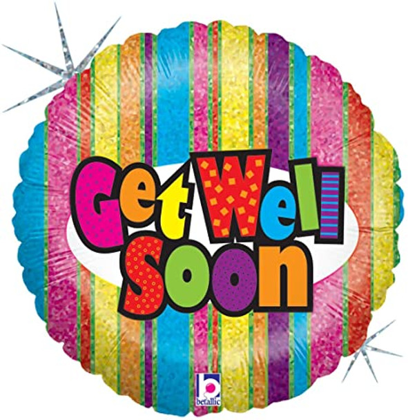 Balloon Foil 18" Get Well Soon Holographic Stripes (Uninflated)