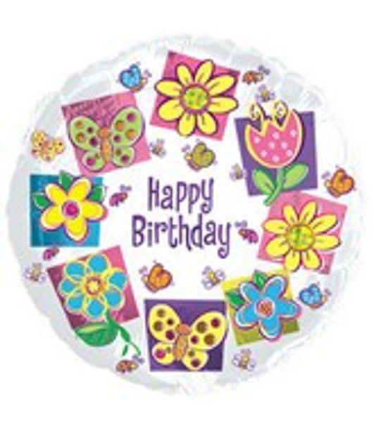 Balloon Foil 18" Happy Birthday w/ Flowers and Butterflies (Uninflated)