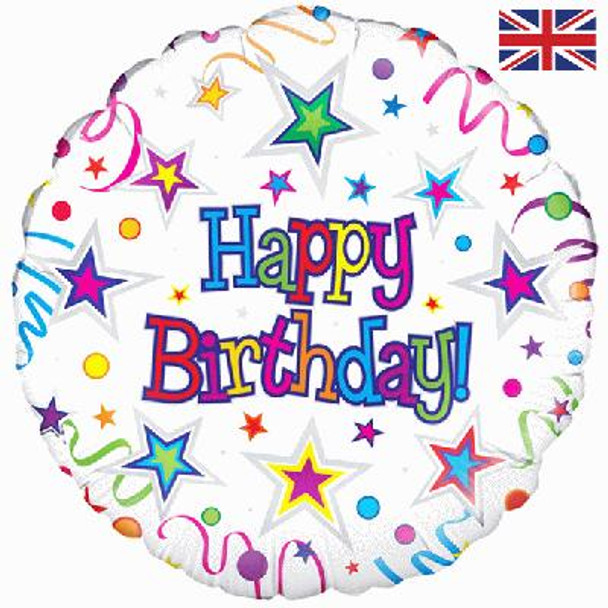 Balloon Foil 18" Happy Birthday! w/ Bright Stars and Streamers (Uninflated)