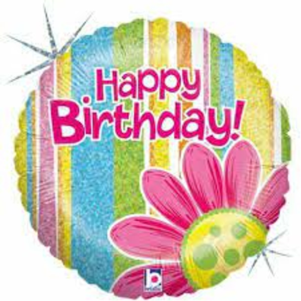 Balloon Foil 18" Happy Birthday! w/ Stripes and Flowers Holographic (Uninflated)