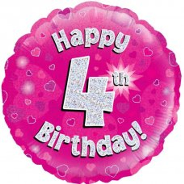 Balloon Foil 18" Happy 4th Birthday Pink Holographic (Uninflated)
