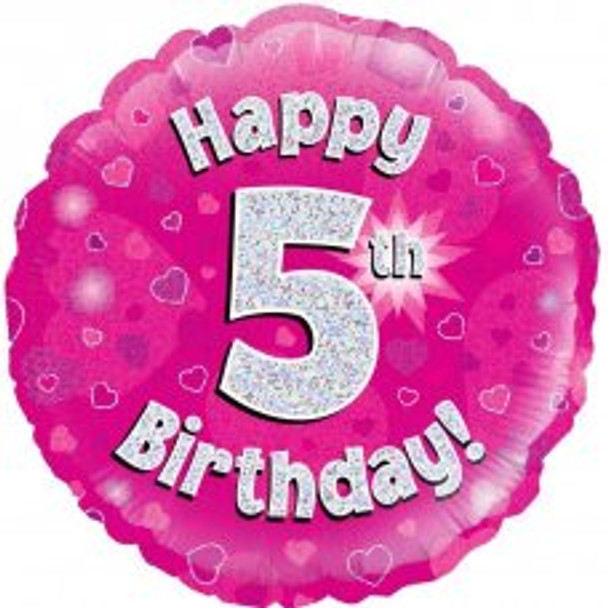 Balloon Foil 18" Happy 5th Birthday Pink Holographic (Uninflated)