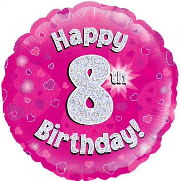 Balloon Foil 18" Happy 8th Birthday Pink Holographic (Uninflated)