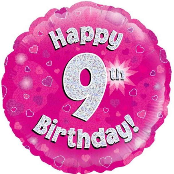 Balloon Foil 18" Happy 9th Birthday Pink Holographic (Uninflated)