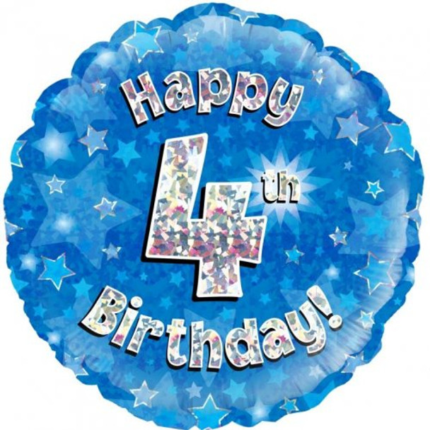 Balloon Foil 18" Happy 4th Birthday Blue Holographic (Uninflated)