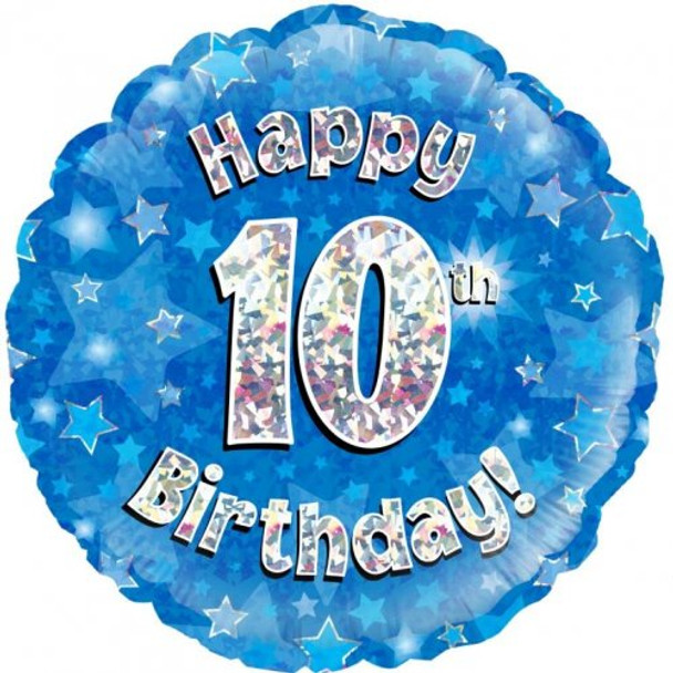 Balloon Foil 18" Happy 10th Birthday Blue Holographic (Uninflated)