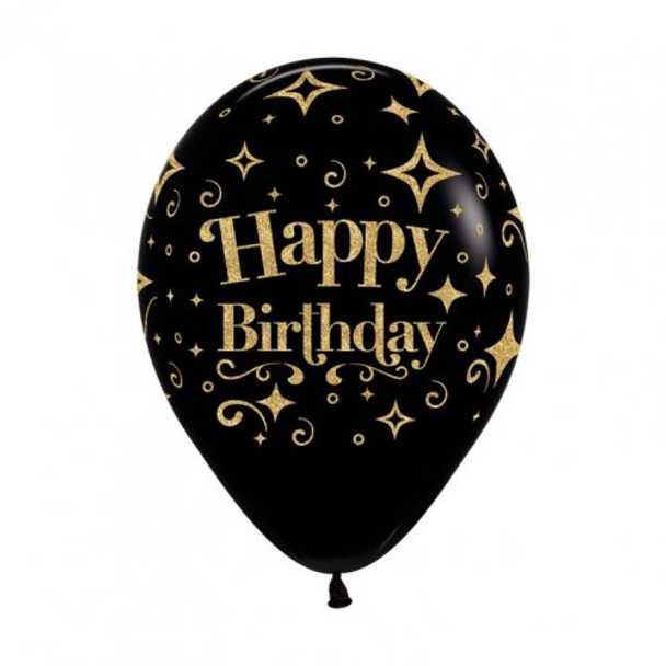 Balloon Happy Birthday Black Glitter Gold 11" Pack of 25 (Uninflated)