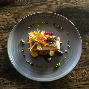 Pan-fried kingfish with roast potatoes and pesto Pan-fried kingfish with roast potatoes and pesto