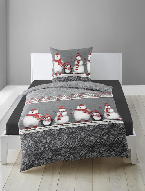 Duvet Cover Set / Flannel / WINTER SNOWMEN / grey - red - white