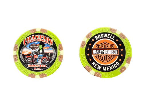 Brown, Olive, Tan, poker chip with Alien riding motorcycle