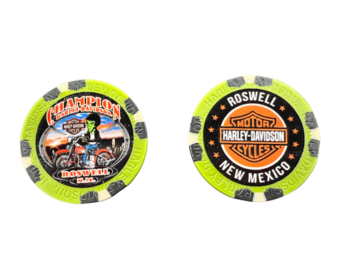 Black, Olive, Tan Poker chip with alien riding motorcycle