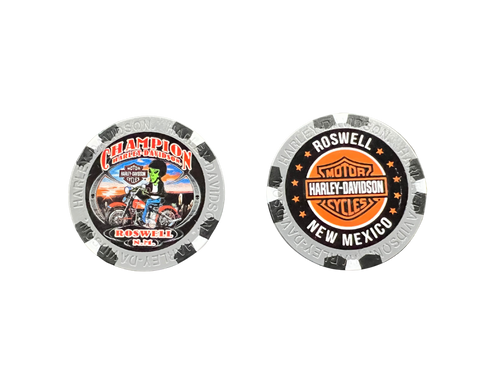 Metallic Silver poker chip with alien riding motorcycle