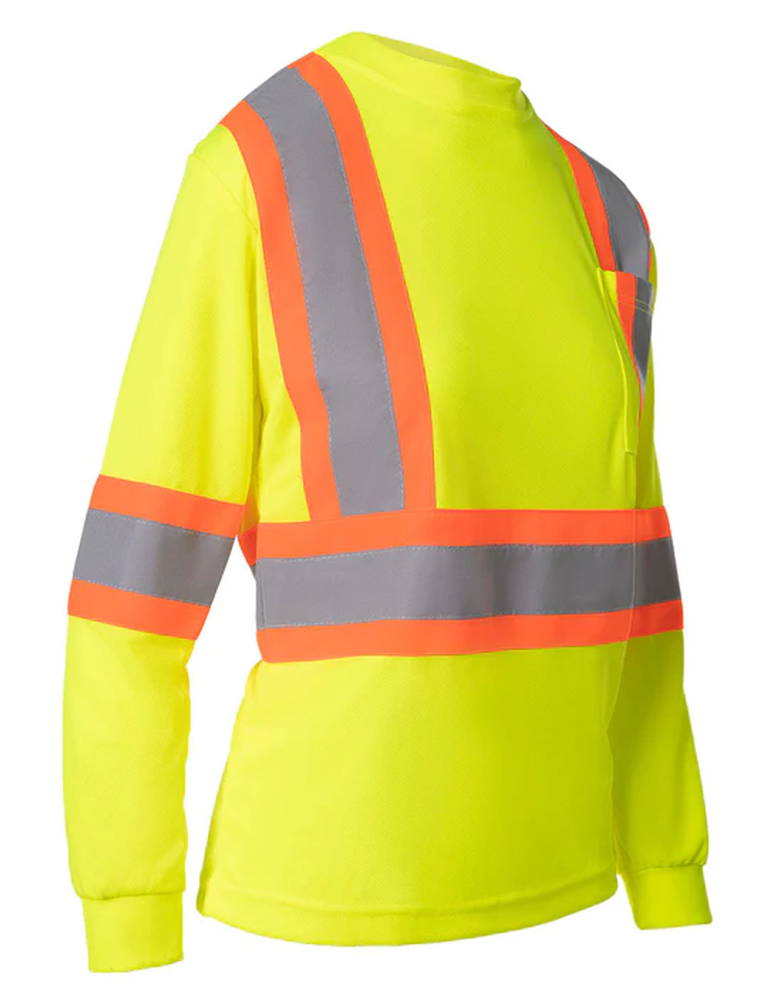 ForceField Women's Hi Vis Crew Neck Long Sleeve Safety Tee Shirt with Chest Pocket | SafetyApparel.ca