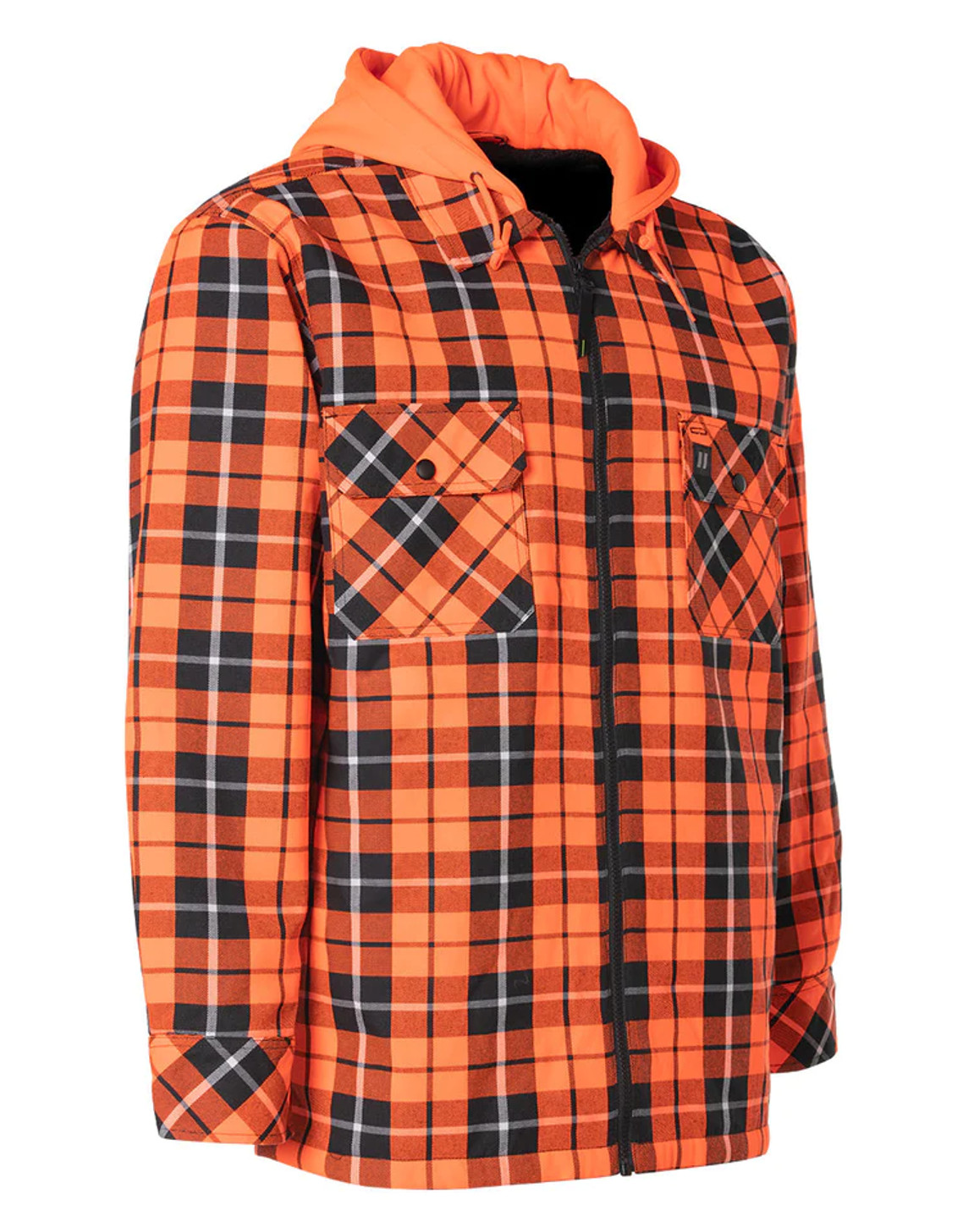 ForceField Hi Vis Orange Tartan Plaid Hooded Sherpa-Lined Flannel Shirt Jacket with Front Zip | SafetApparel.ca