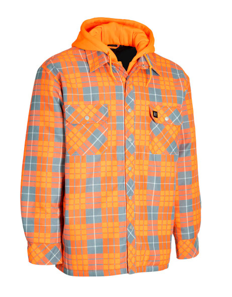 ForceField Hi Vis Orange Plaid Hooded Quilted Flannel Shirt Jacket | SafetyApparel.ca