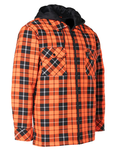 ForceField Hi Vis Orange Tartan Plaid Hooded Quilt-Lined Flannel Shirt Jacket with Front Zip | SafetyApparel.ca