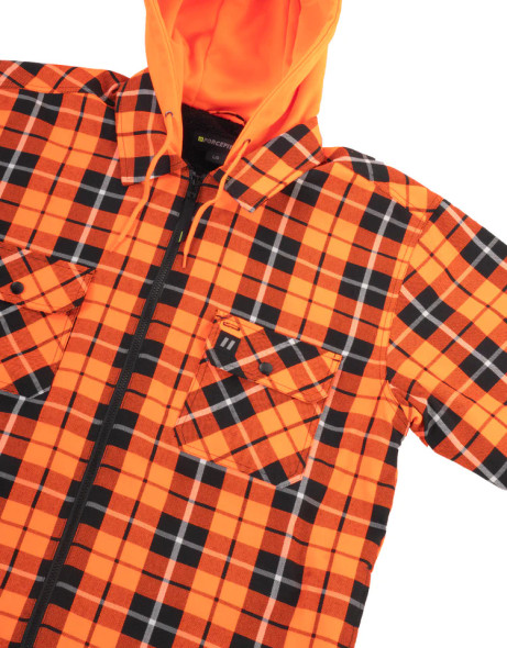 ForceField Hi Vis Orange Tartan Plaid Hooded Sherpa-Lined Flannel Shirt Jacket with Front Zip | SafetApparel.ca