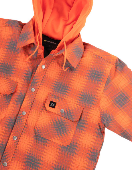 ForceField Hi Vis Orange Shadow Plaid Hooded Quilt-Lined Flannel Shirt Jacket | SafetyApparel.ca
