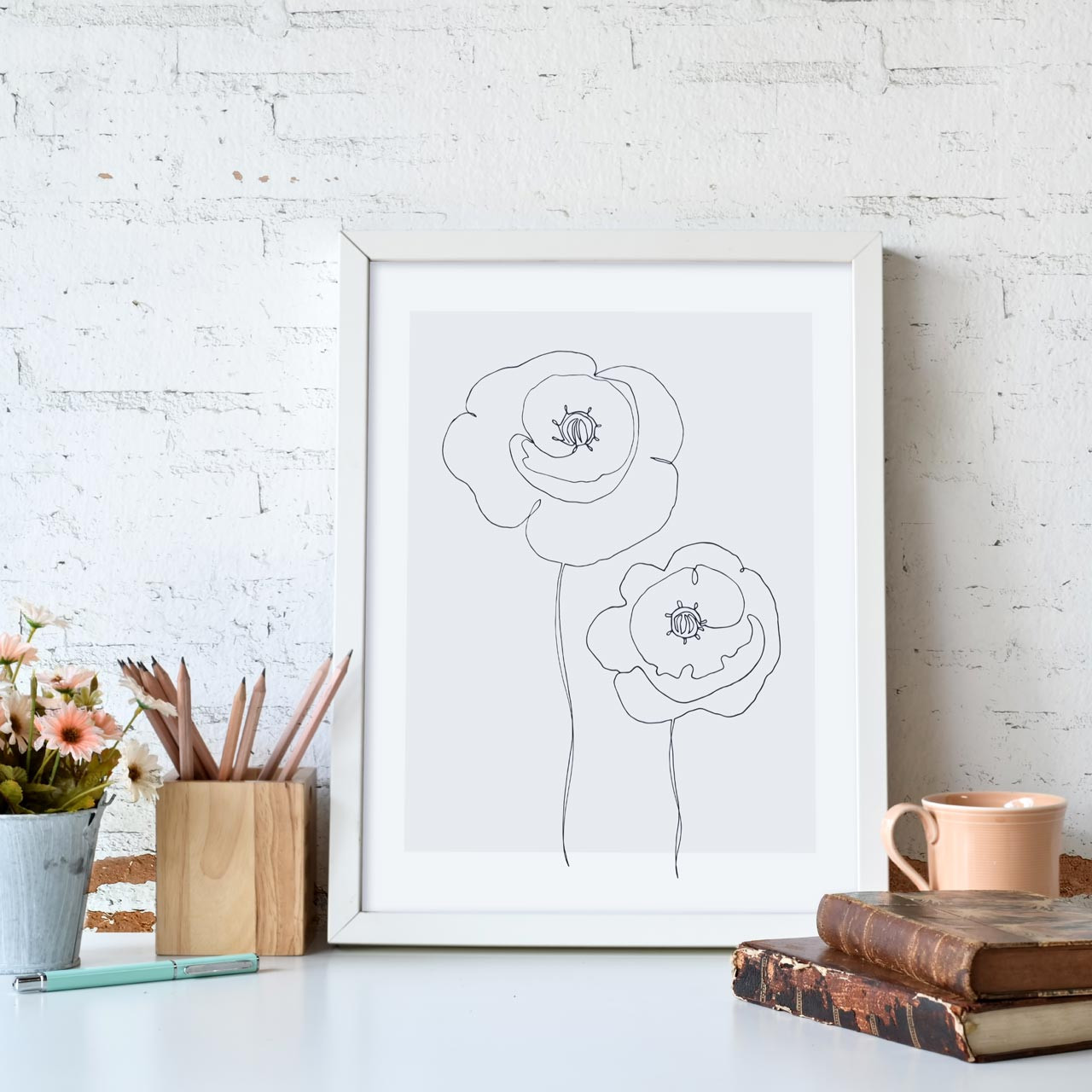 'Single Line Poppies' on Gray, Original Art Print from The Printed Home (Printable)