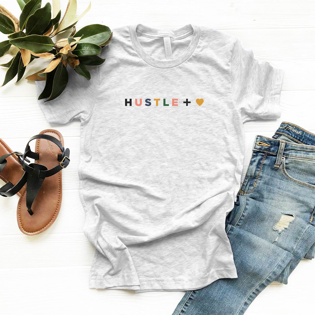 'HUSTLE + HEART' Vintage T-Shirt (Color on Light Gray Fleck) from The Printed Home