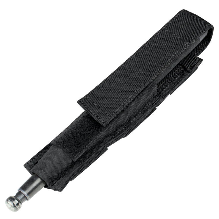 Black tactical baton pouch with Velcro closure and metal baton handle visible